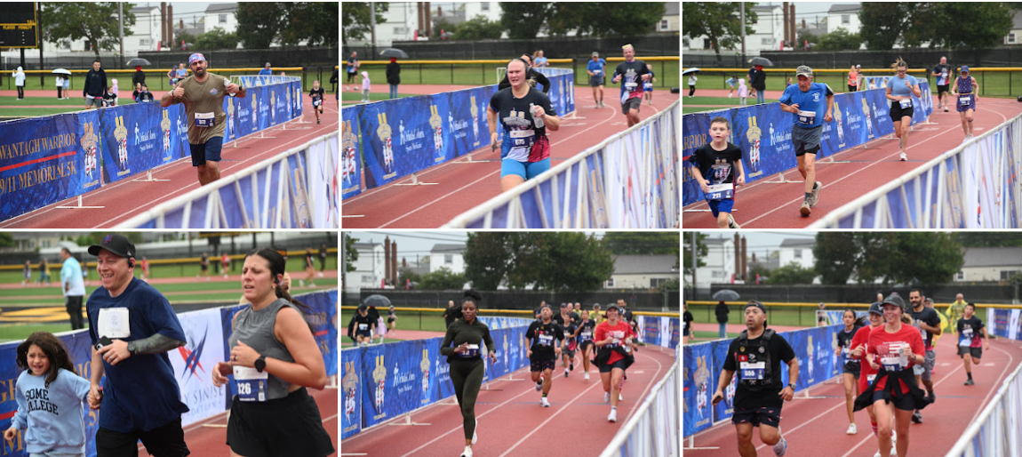 A collage of six photos shows participants running on an outdoor track during a race.